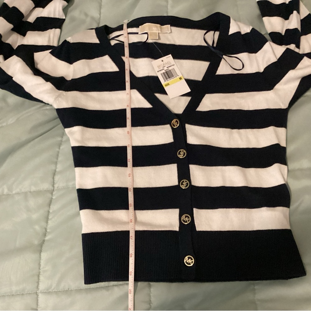 Michael Kors MK Cardigan Medium Sweater Blue White Long Sleeve Shirt Top NWT New